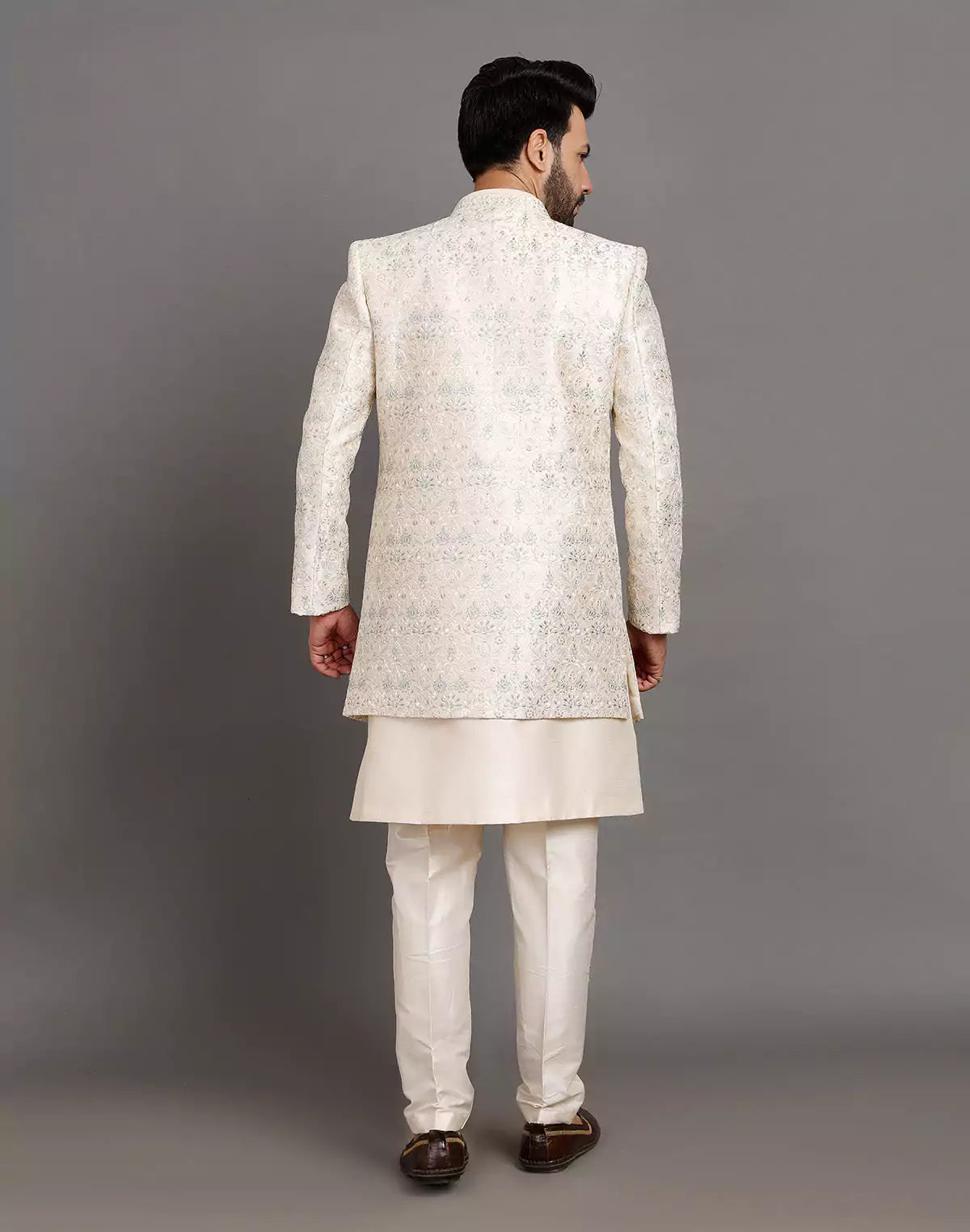 Elegant Cream Color Raw Silk Embroidery Work Indo-open Jacket Set