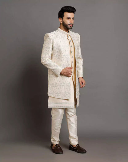 Elegant Cream Color Raw Silk Embroidery Work Indo-open Jacket Set
