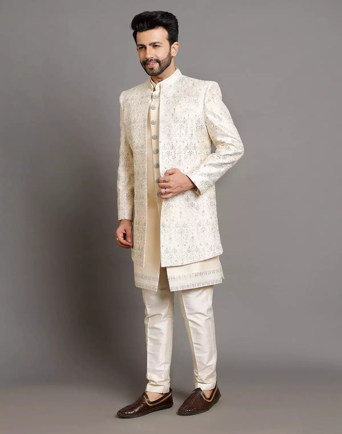 Elegant Cream Color Raw Silk Embroidery Work Indo-open Jacket Set