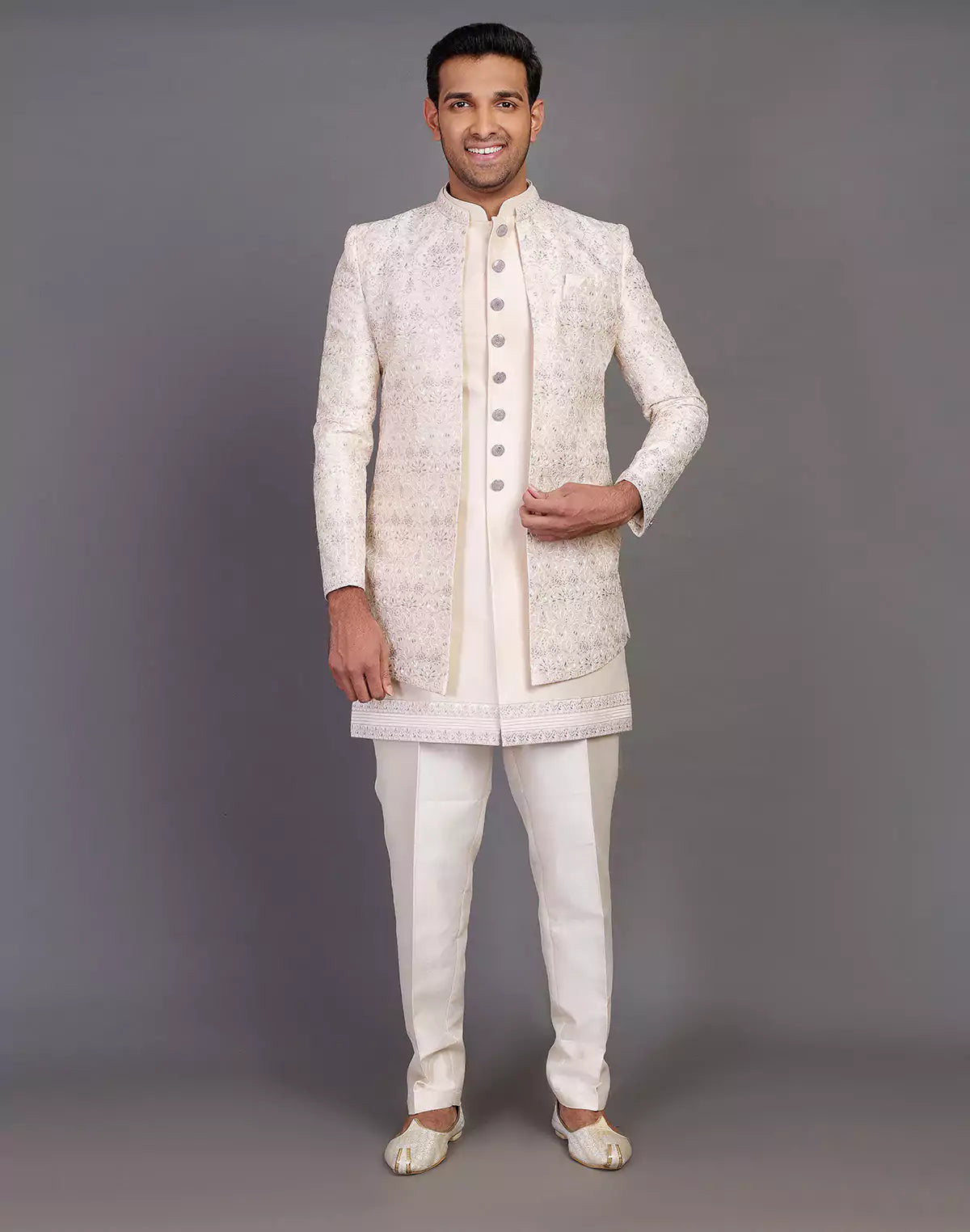 Elegant Fawn Color Raw Silk Embroidery Work Indo-open Jacket Set