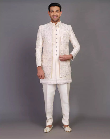Elegant Fawn Color Raw Silk Embroidery Work Indo-open Jacket Set