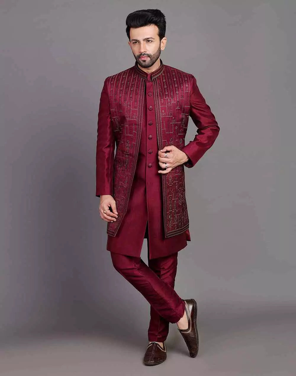 Stylish Maroon Coloured Raw Silk Embroidery Work Open Jacket Style