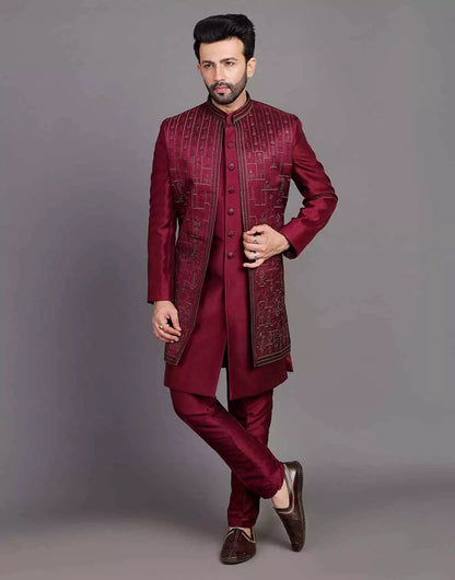 Stylish Maroon Coloured Raw Silk Embroidery Work Open Jacket Style
