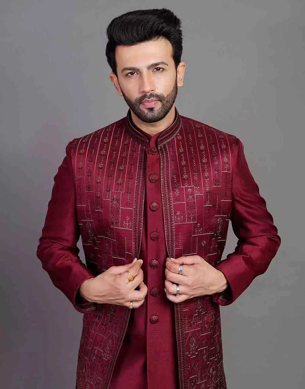 Stylish Maroon Coloured Raw Silk Embroidery Work Open Jacket Style