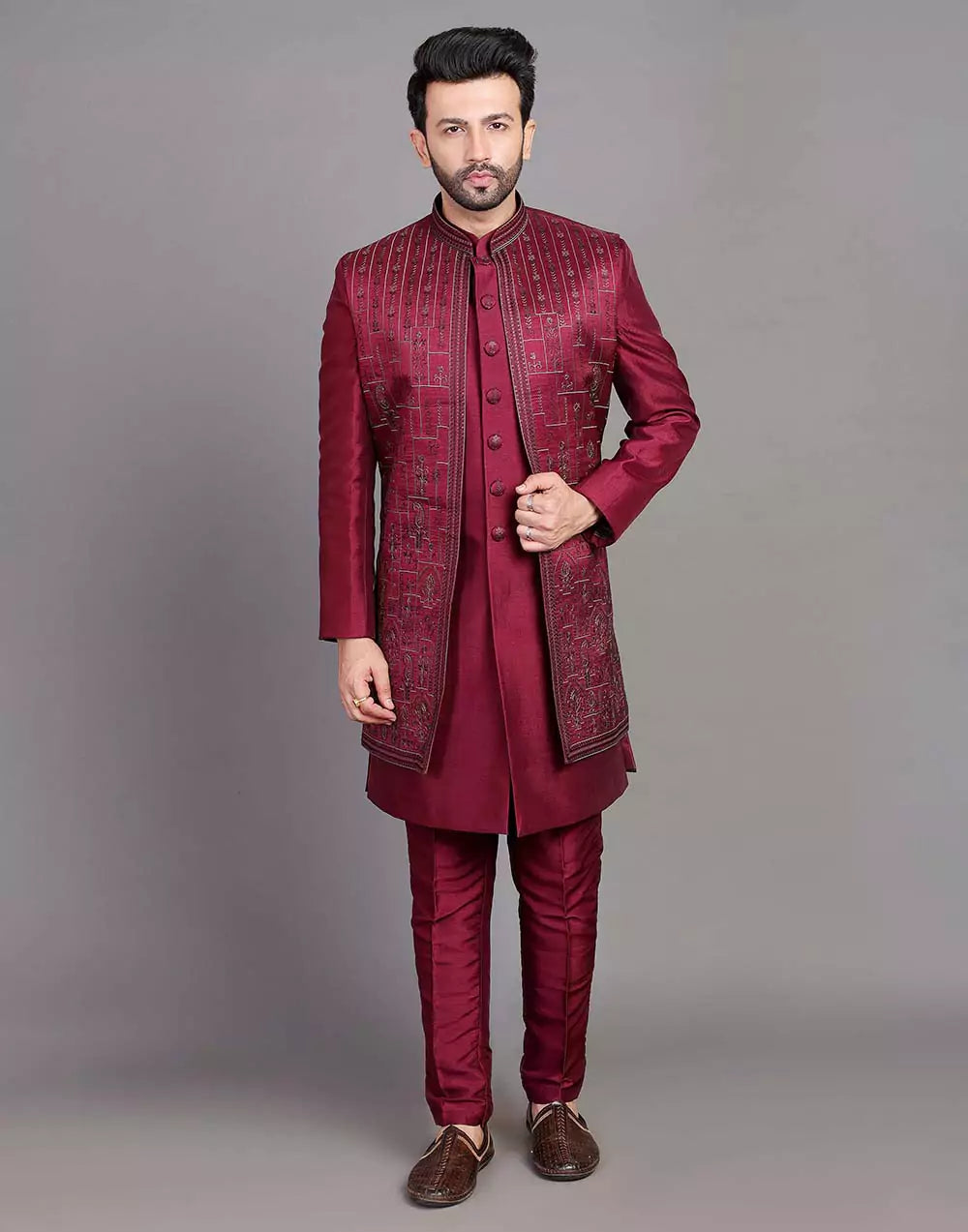 Stylish Maroon Coloured Raw Silk Embroidery Work Open Jacket Style