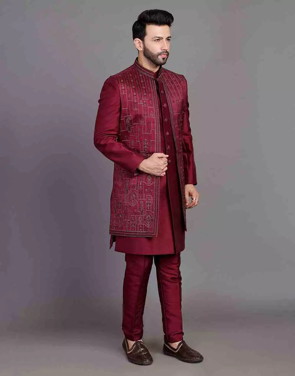Stylish Maroon Coloured Raw Silk Embroidery Work Open Jacket Style