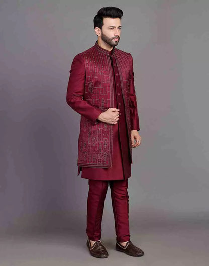 Stylish Maroon Coloured Raw Silk Embroidery Work Open Jacket Style