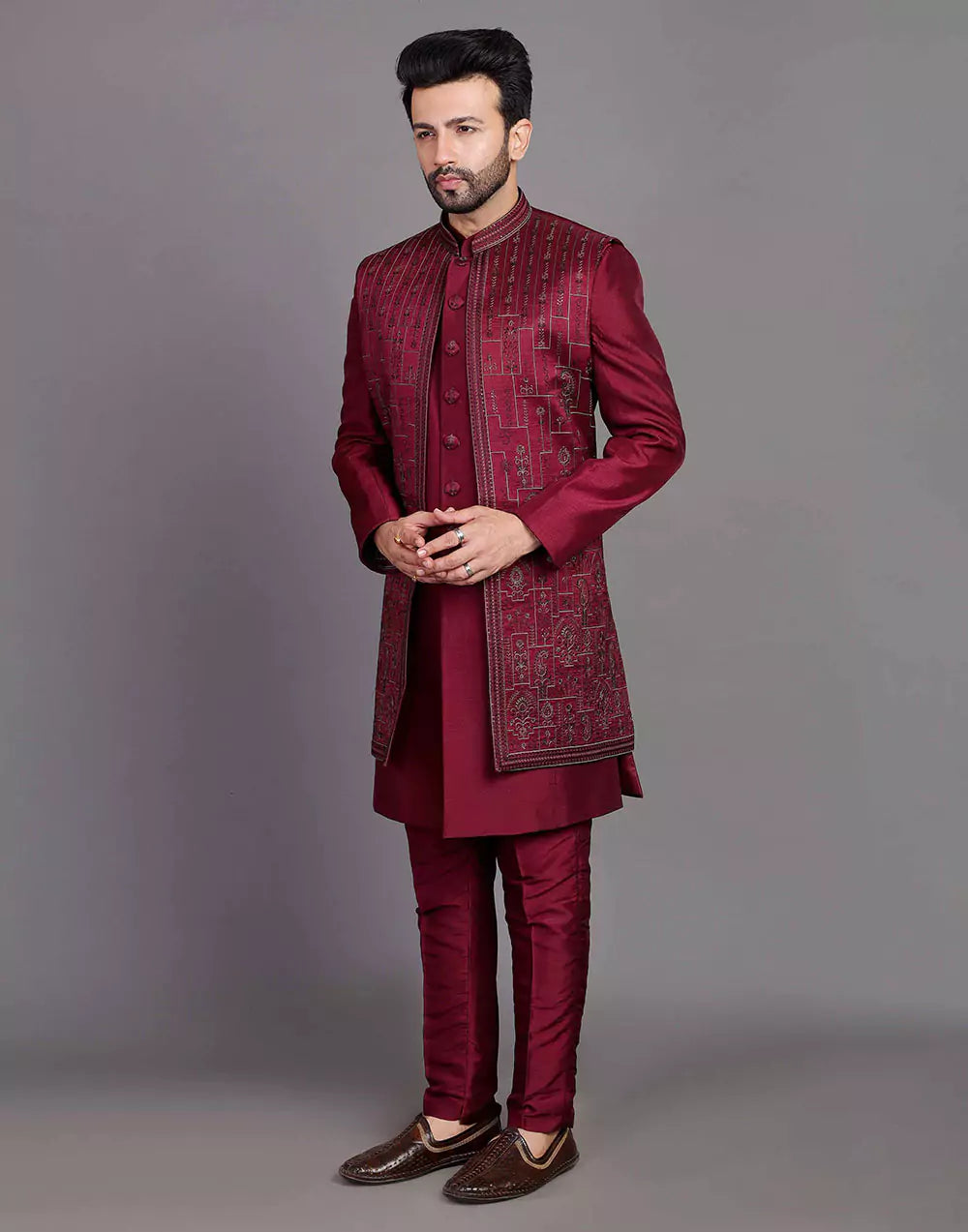 Stylish Maroon Coloured Raw Silk Embroidery Work Open Jacket Style