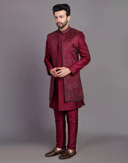 Stylish Maroon Coloured Raw Silk Embroidery Work Open Jacket Style