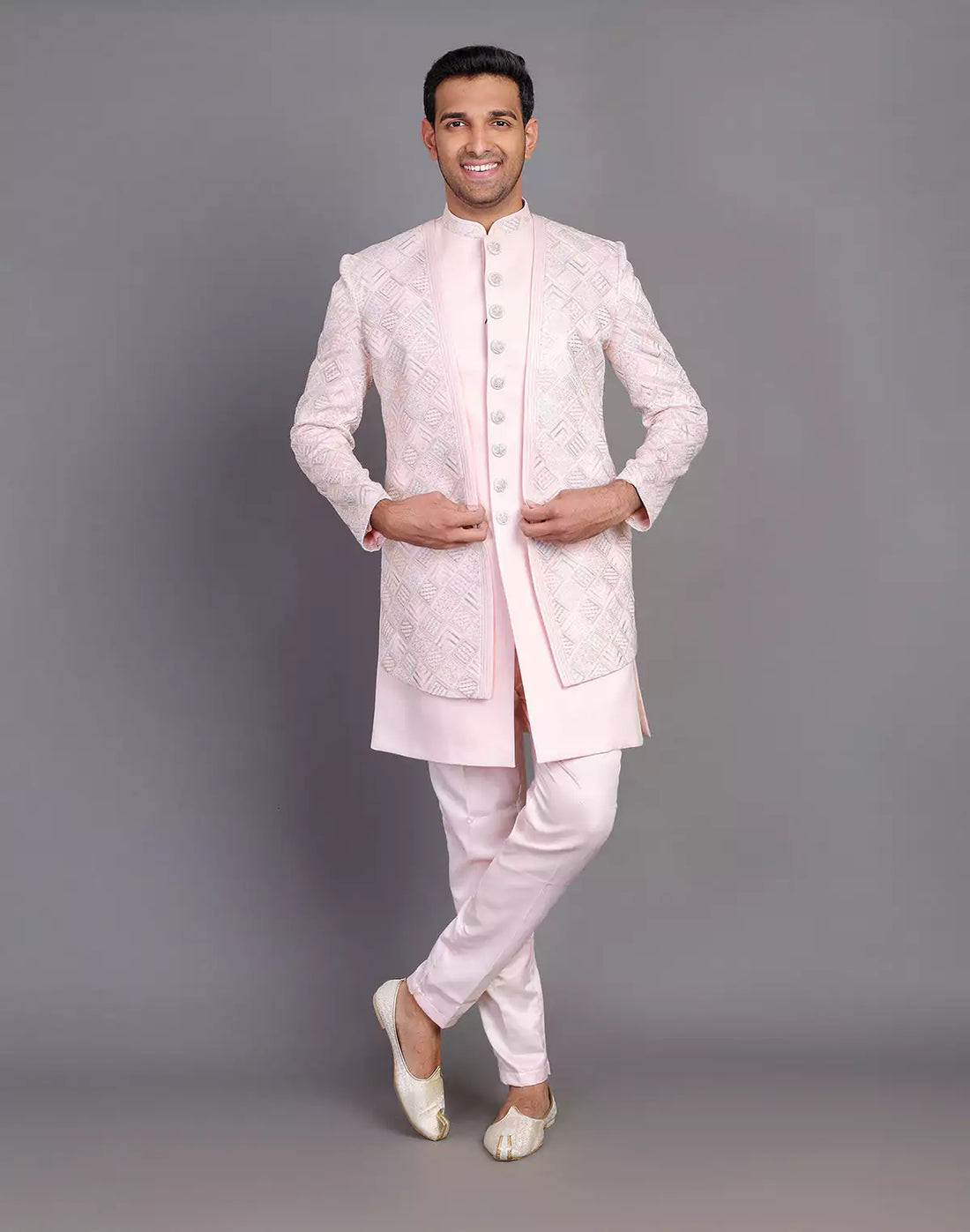 Multi Thread Work Satin Light Pink Indo Open Jacket Style
