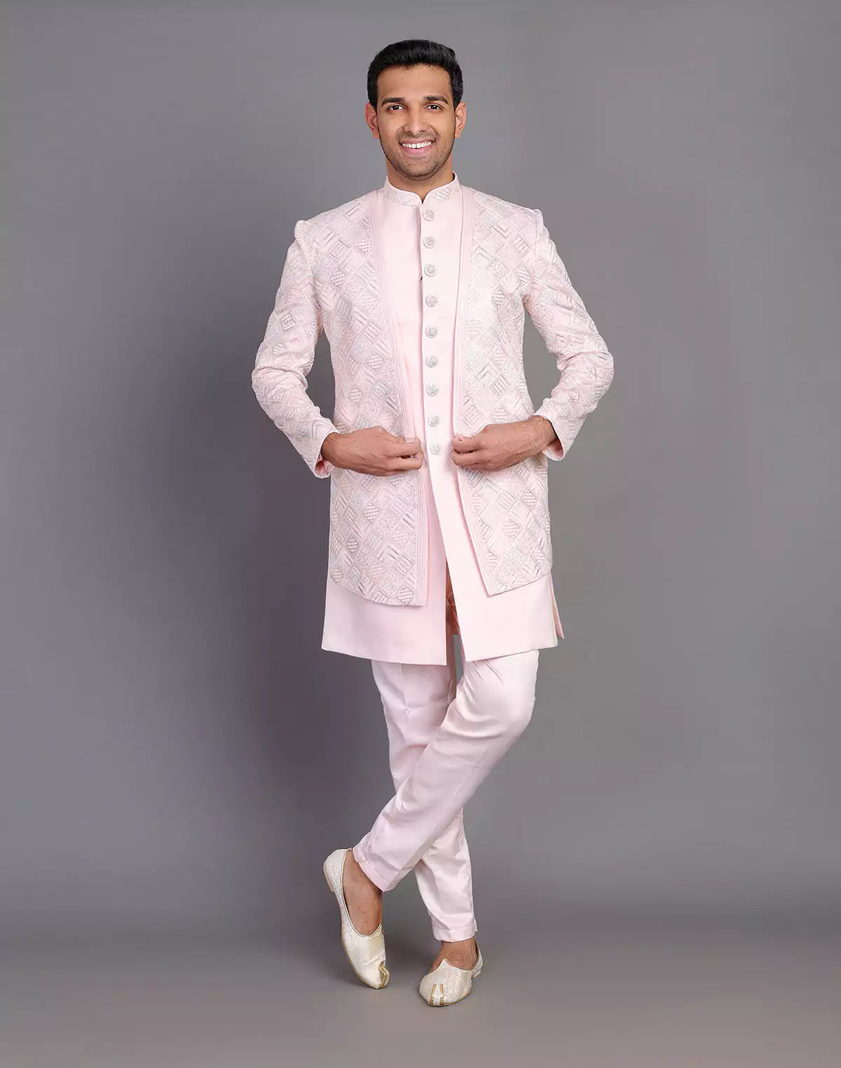 Multi Thread Work Satin Light Pink Indo Open Jacket Style