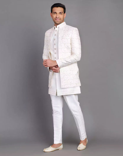 All Over Floral Design Embroidery Work Cream Raw Silk Indo Open Jacket Set
