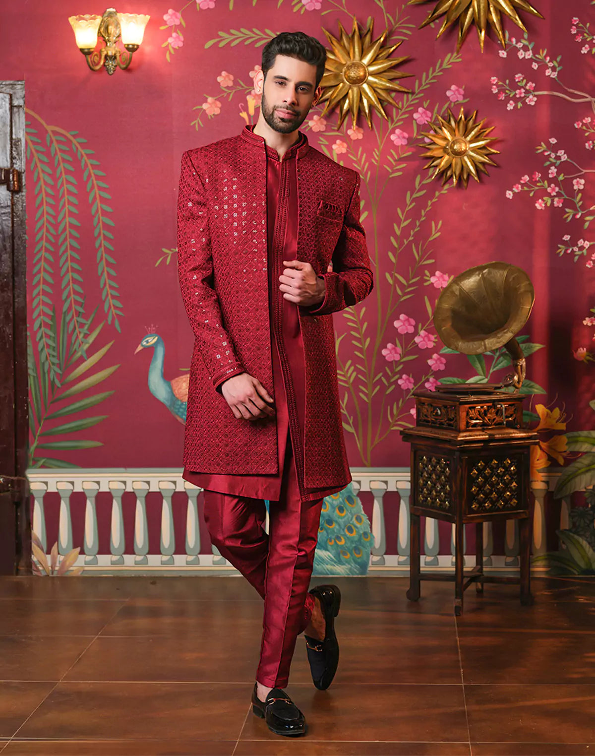 Maroon Self Highlighted Thread with Sequence work Raw Silk Indo Open Jacket