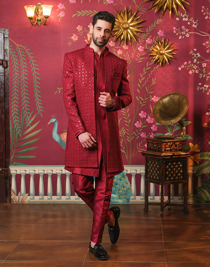 Maroon Self Highlighted Thread with Sequence work Raw Silk Indo Open Jacket
