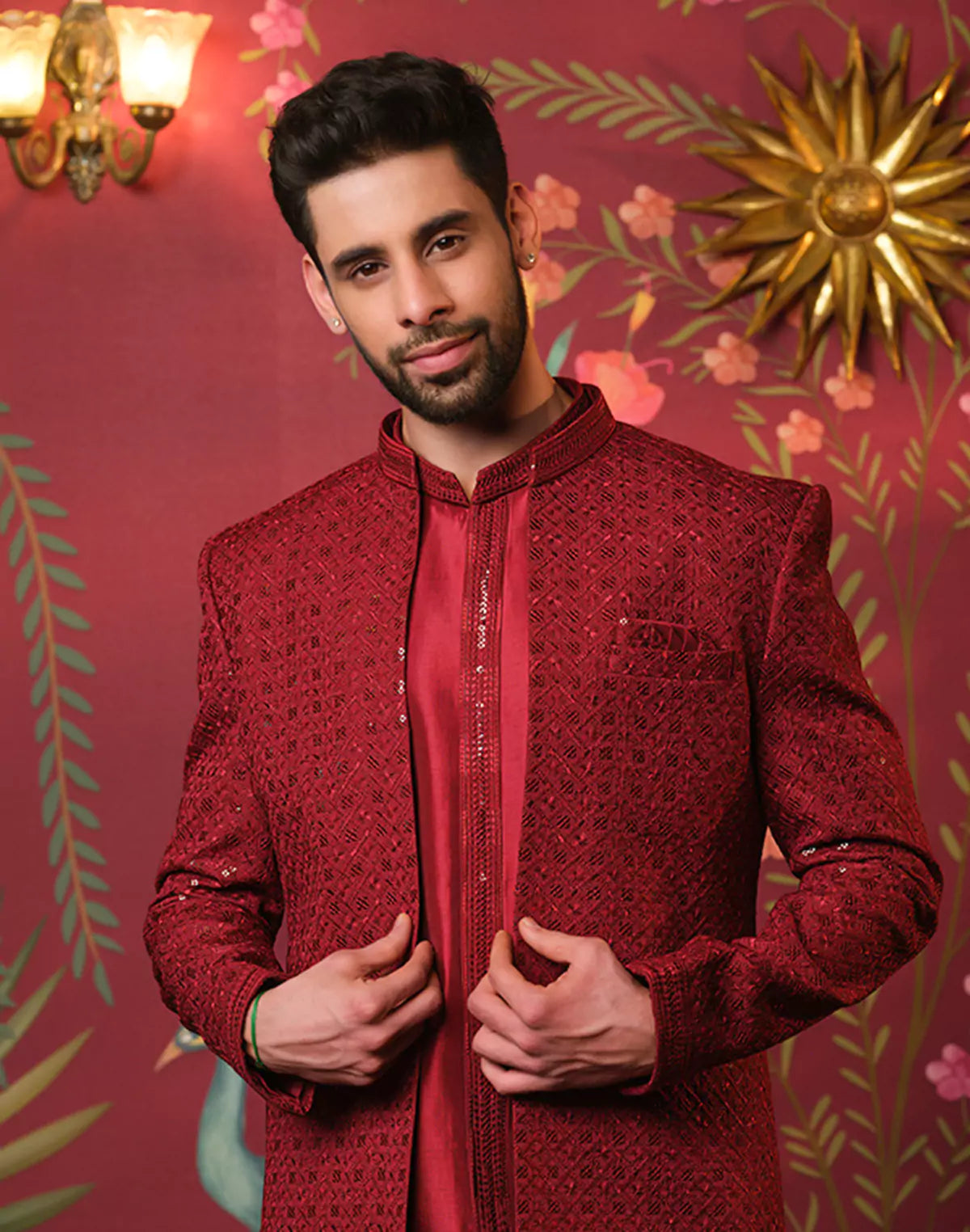 Maroon Self Highlighted Thread with Sequence work Raw Silk Indo Open Jacket