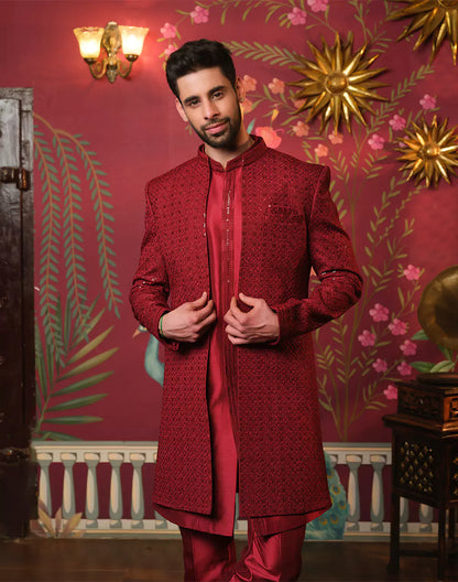 Maroon Self Highlighted Thread with Sequence work Raw Silk Indo Open Jacket