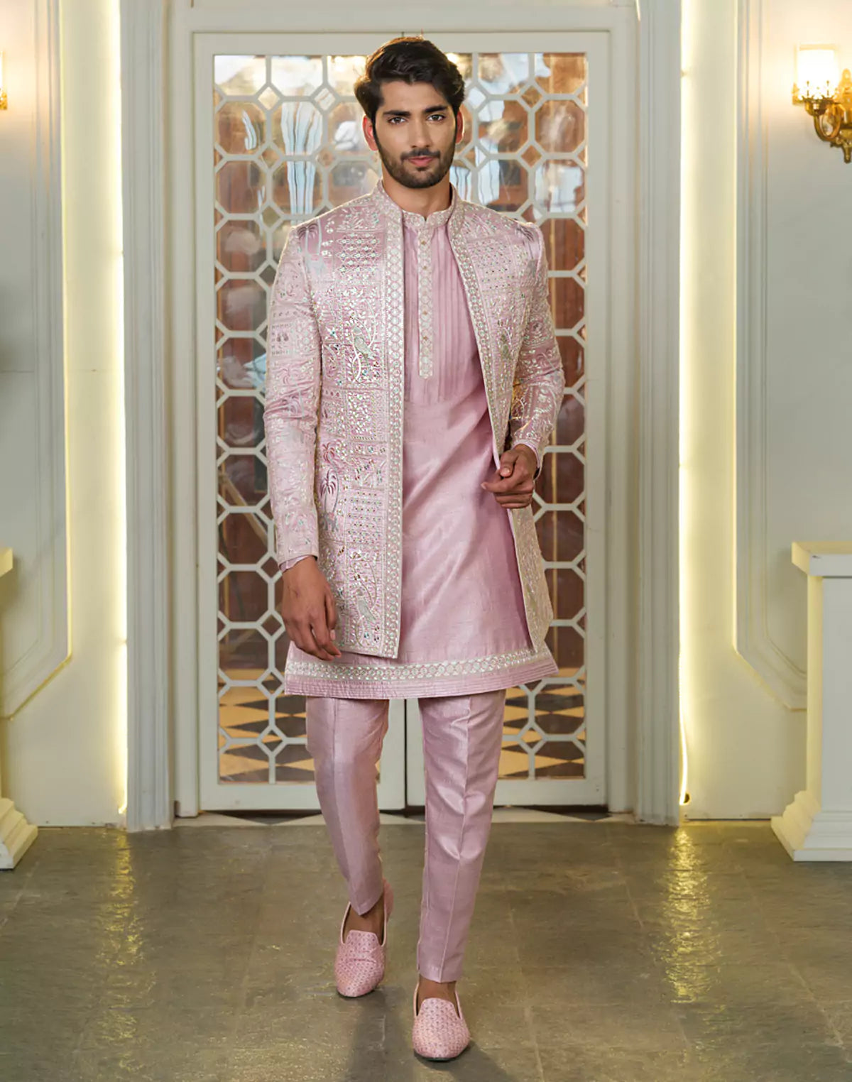 Stylish Pink Coloured Raw Silk Thread Embroidery Floral Indo Open Jacket Set