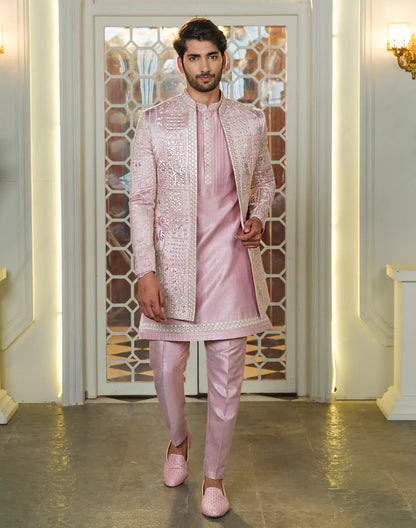 Stylish Pink Coloured Raw Silk Thread Embroidery Floral Indo Open Jacket Set