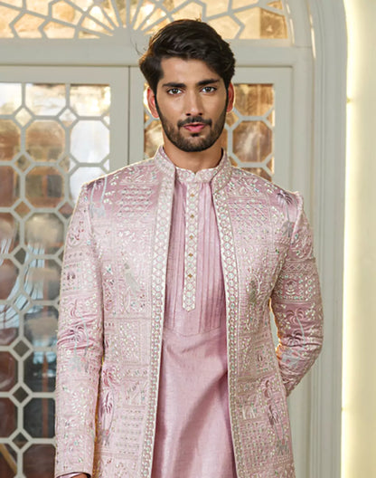 Stylish Pink Coloured Raw Silk Thread Embroidery Floral Indo Open Jacket Set