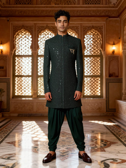 Heavy Thread Embroidered Velvet Indo Western Set in Rama