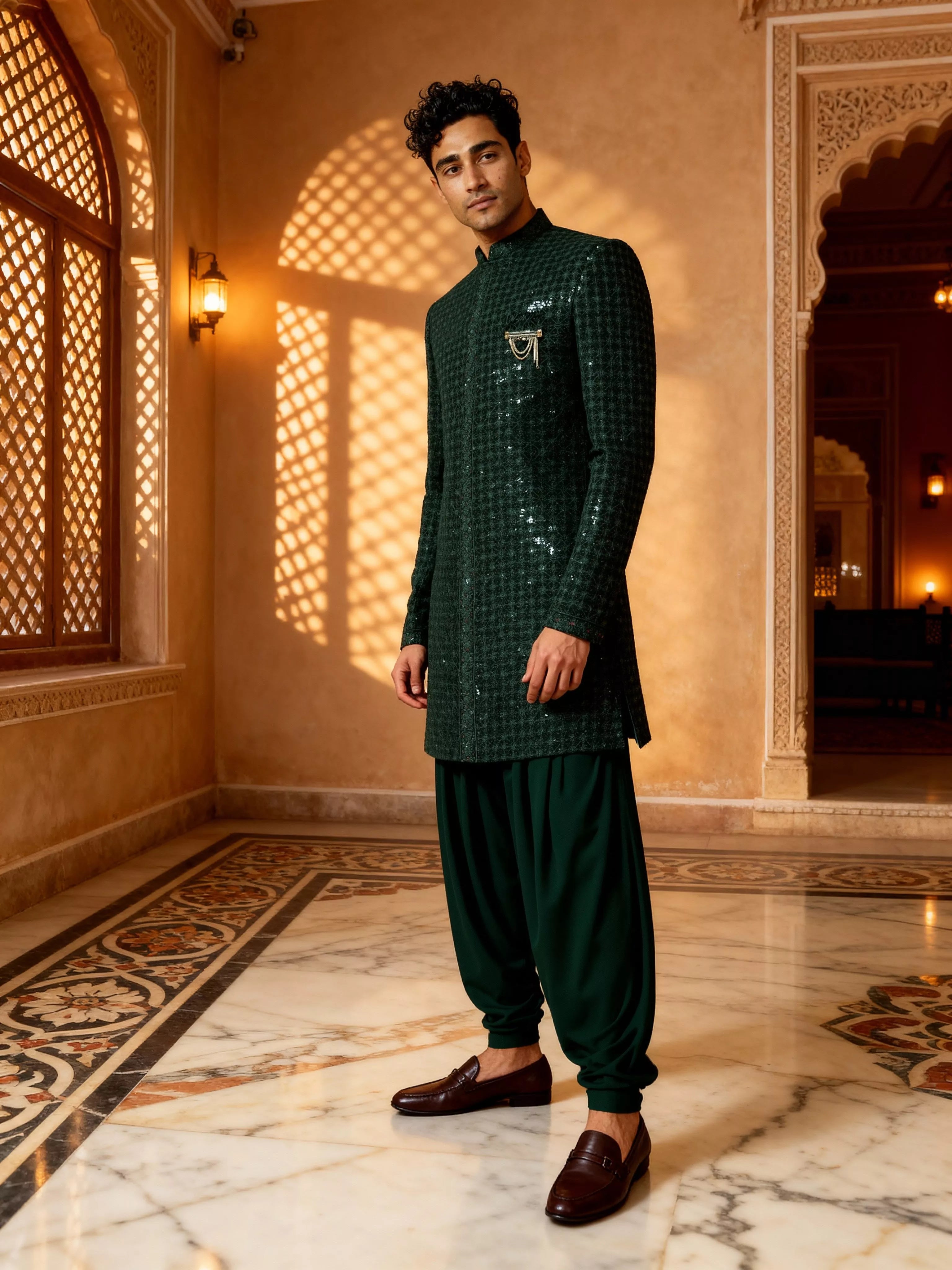 Heavy Thread Embroidered Velvet Indo Western Set in Rama