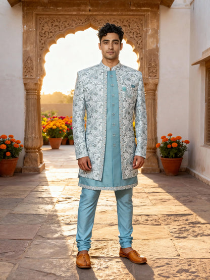 Firozi All Over Heavy Botanical Thread work Georgette Indo Jacket Set