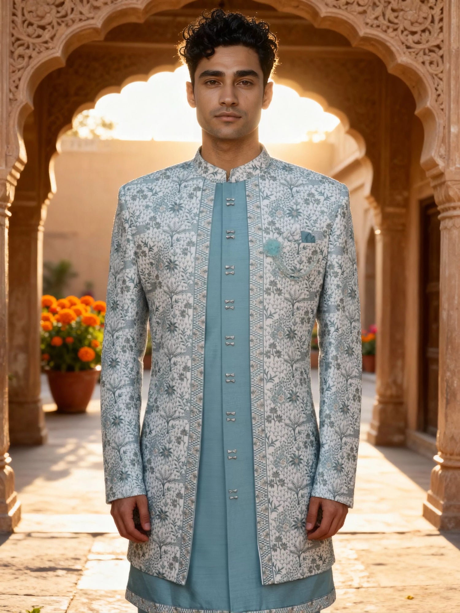 Firozi All Over Heavy Botanical Thread work Georgette Indo Jacket Set