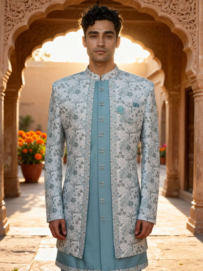 Firozi All Over Heavy Botanical Thread work Georgette Indo Jacket Set