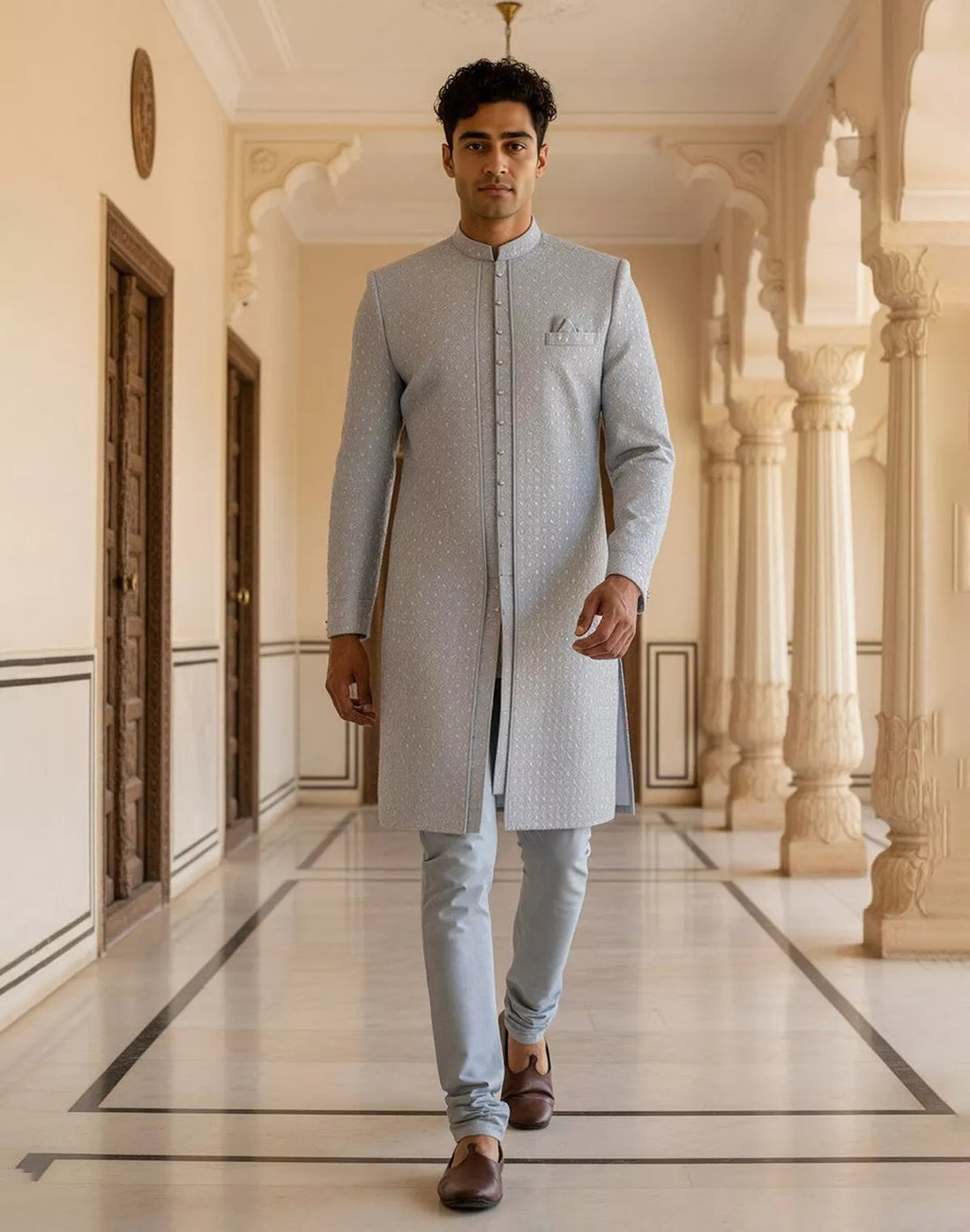 Grey Brocade Thread work Cotton Silk Indo-Open Jacket Set
