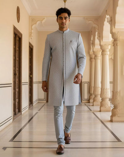 Grey Brocade Thread work Cotton Silk Indo-Open Jacket Set