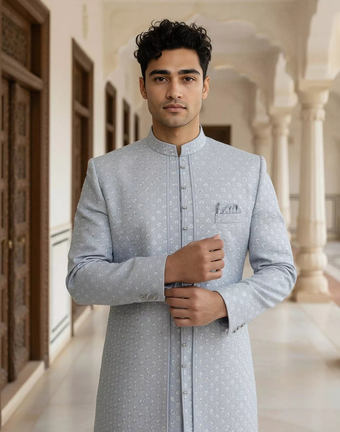Grey Brocade Thread work Cotton Silk Indo-Open Jacket Set