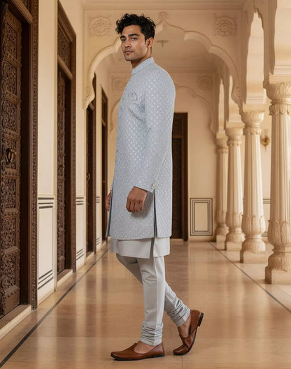 Grey Brocade Thread work Cotton Silk Indo-Open Jacket Set