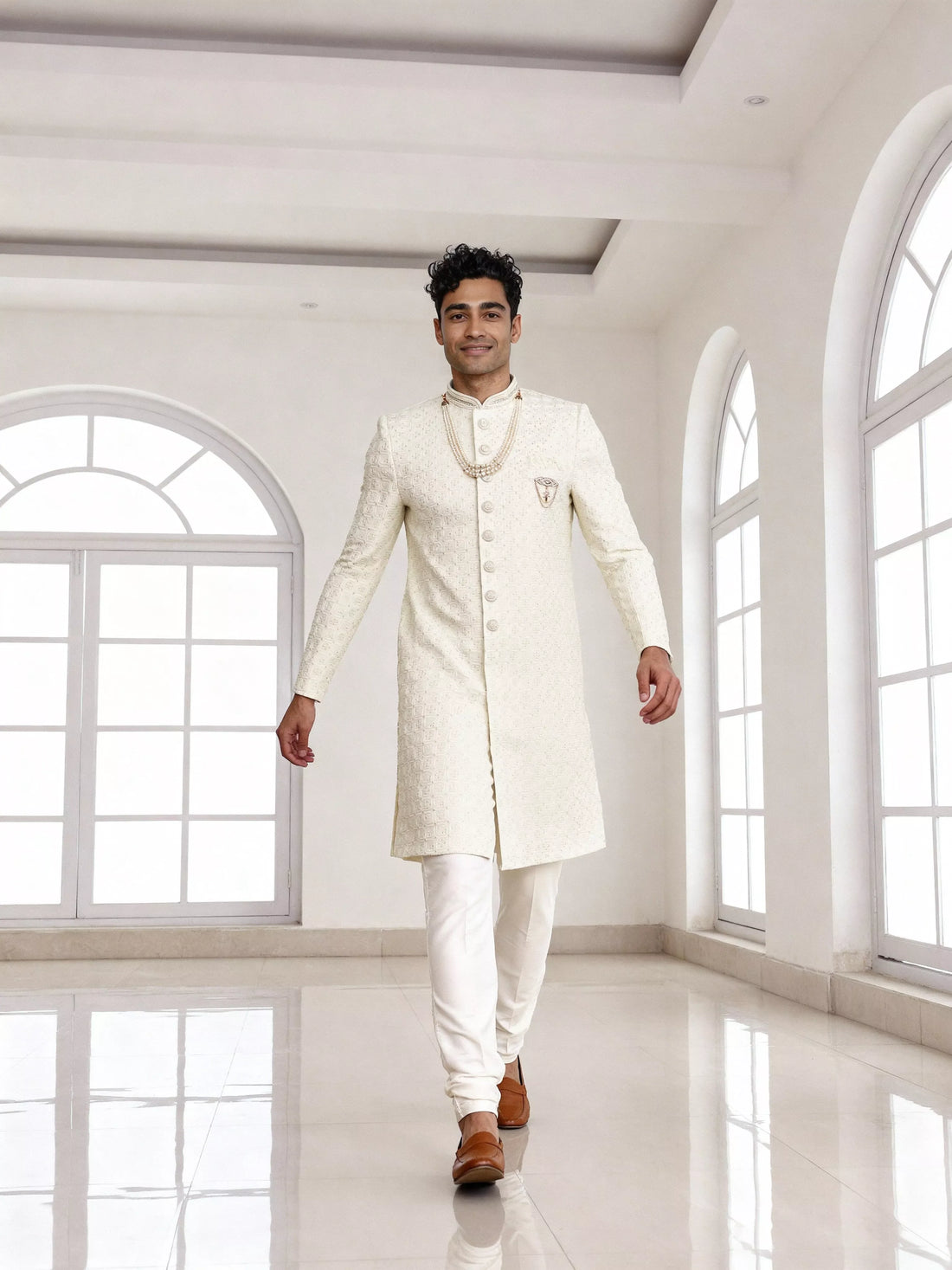Exclusive Cream Cotton Silk Thread work Indo Western with Mala