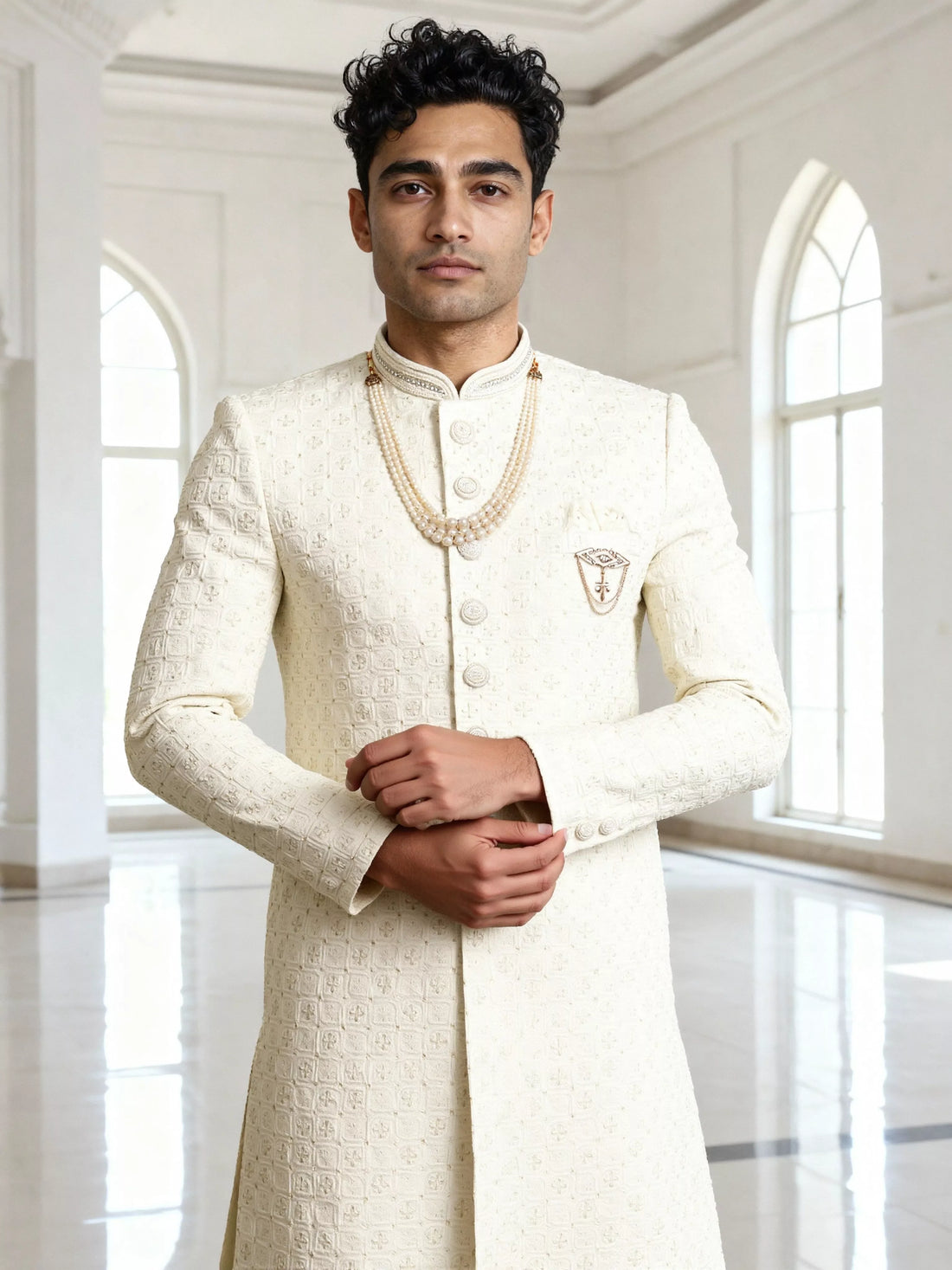 Exclusive Cream Cotton Silk Thread work Indo Western with Mala