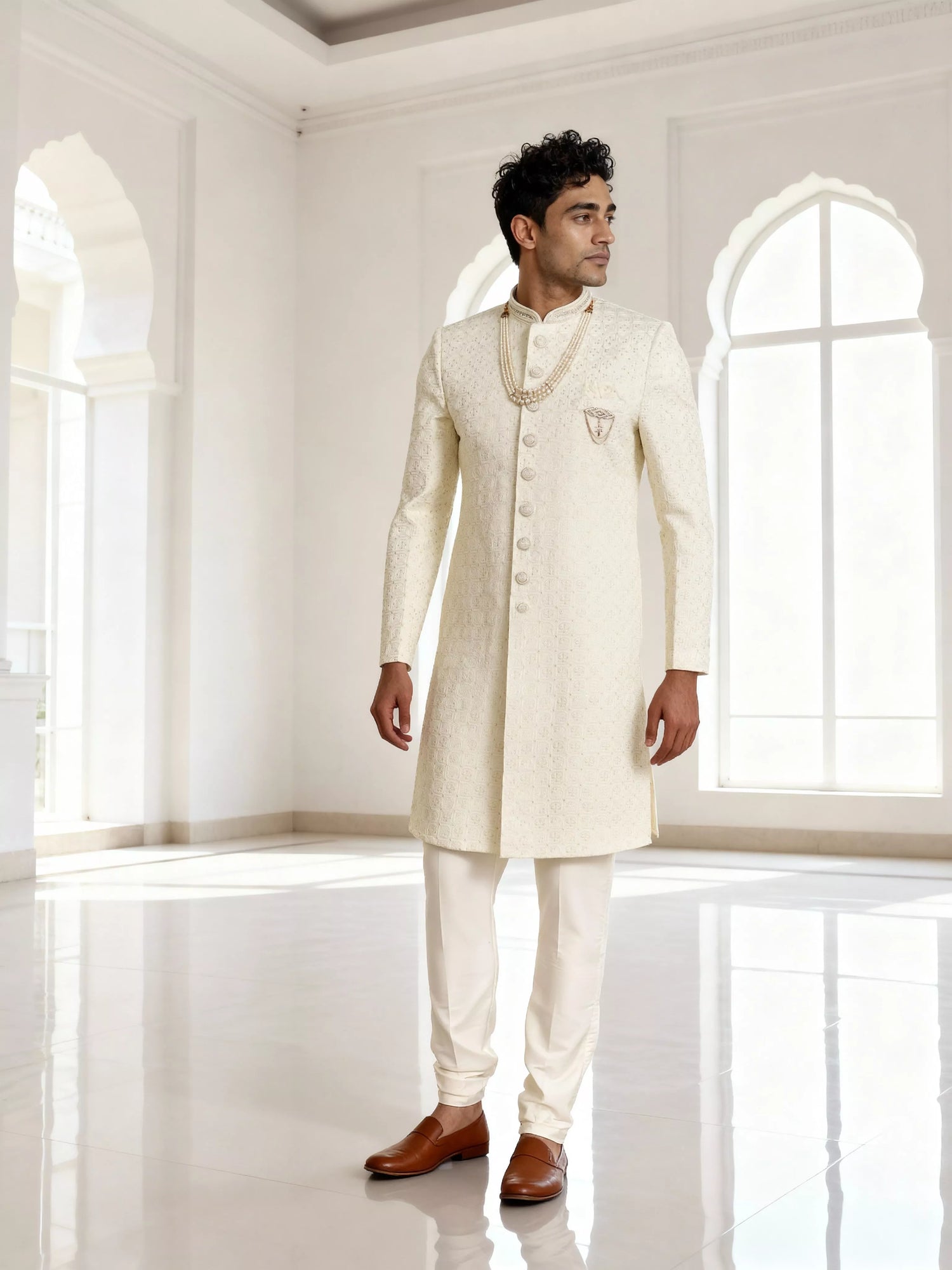 Exclusive Cream Cotton Silk Thread work Indo Western with Mala