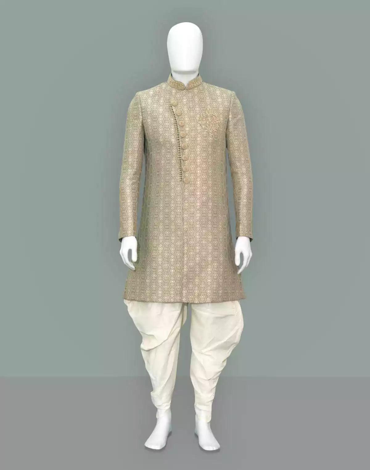 Light Pista Green all over Floral weaving Jacquard Indo Western Set