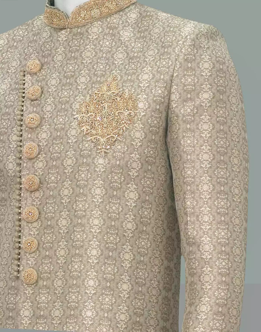 Light Pista Green all over Floral weaving Jacquard Indo Western Set