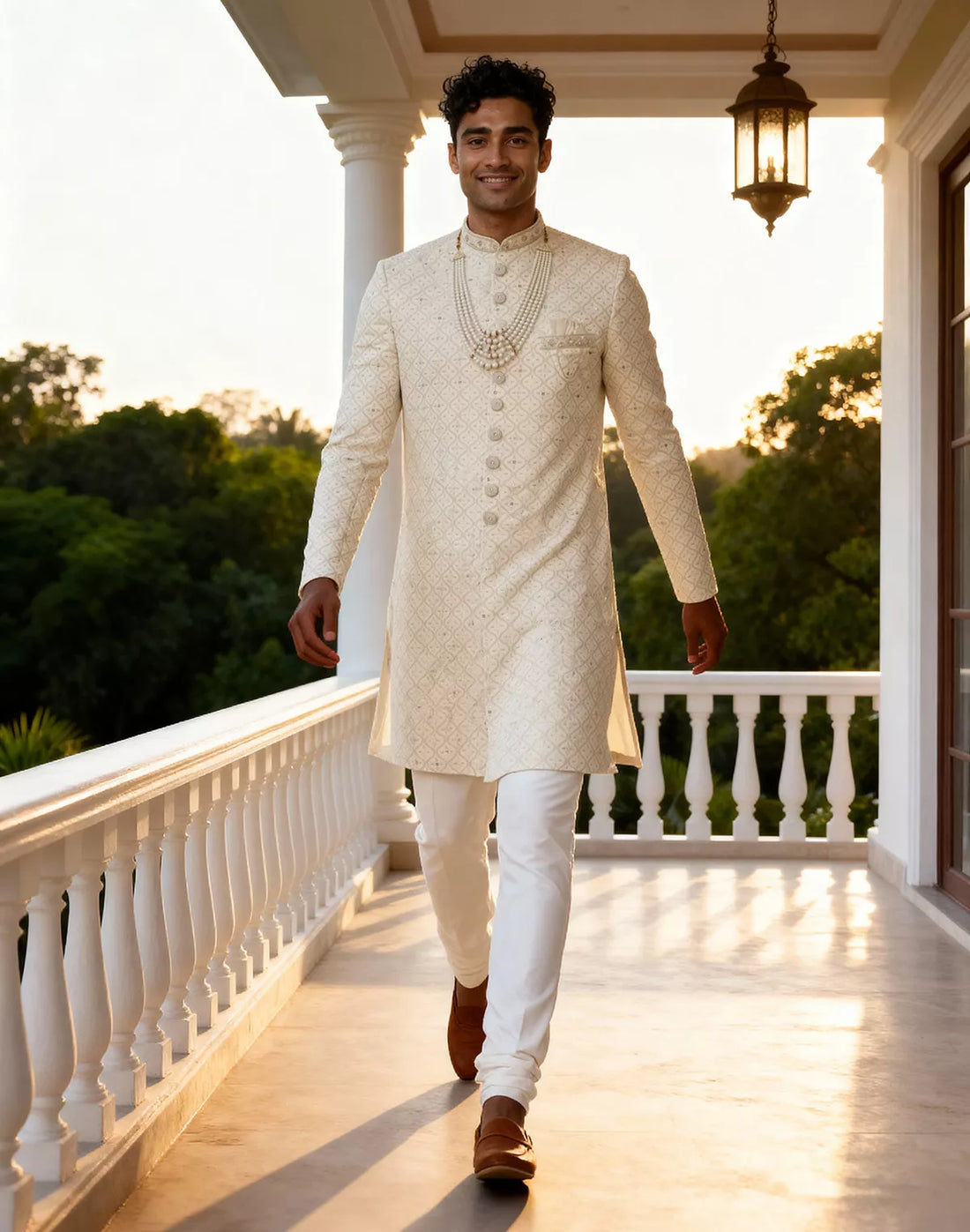 Elegant White Floral Thread work Satin Indo Western with Mala