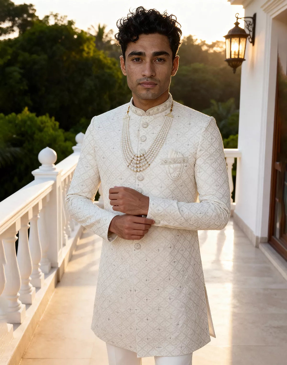 Elegant White Floral Thread work Satin Indo Western with Mala