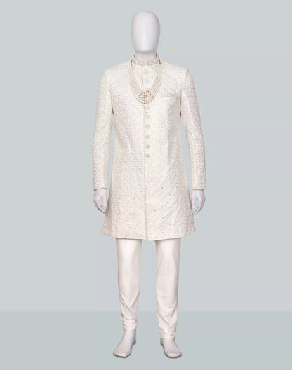 Elegant White Floral Thread work Satin Indo Western with Mala