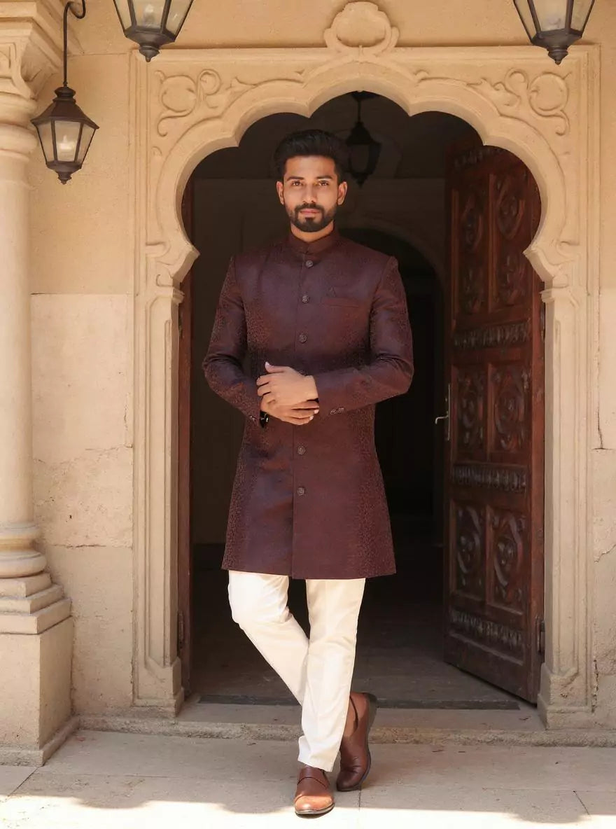 Wine Imperial Patterned Jacquard Semi-Indo Set