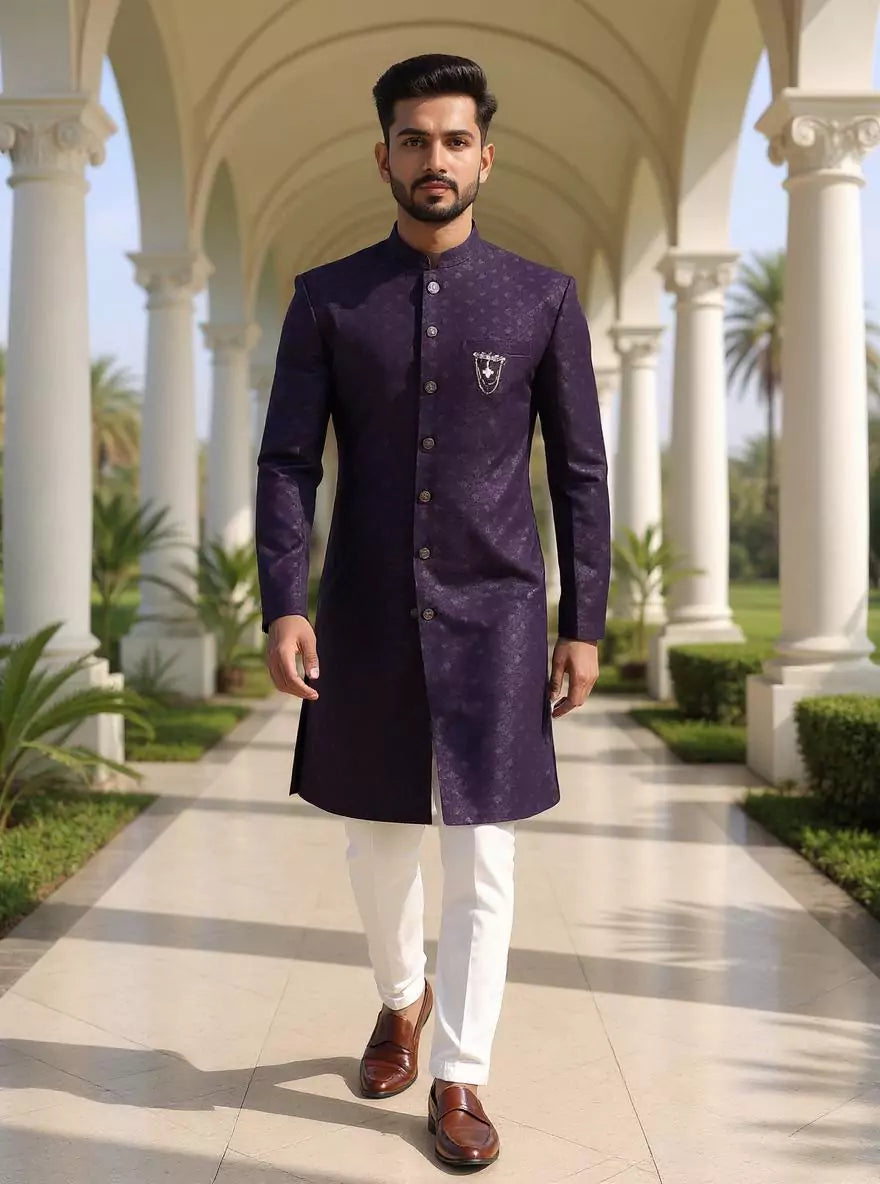 Dark Lilac Jacquard Self Design Semi-Indo Set