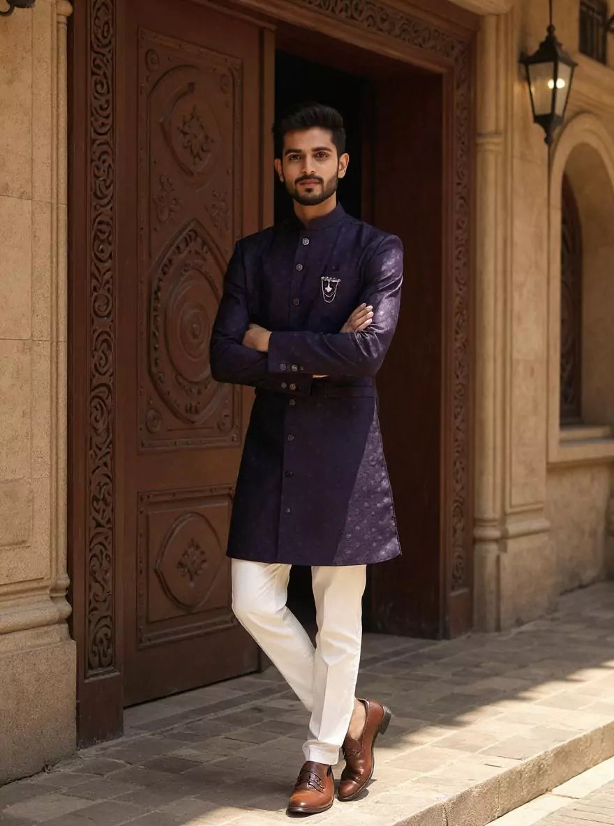 Dark Lilac Jacquard Self Design Semi-Indo Set