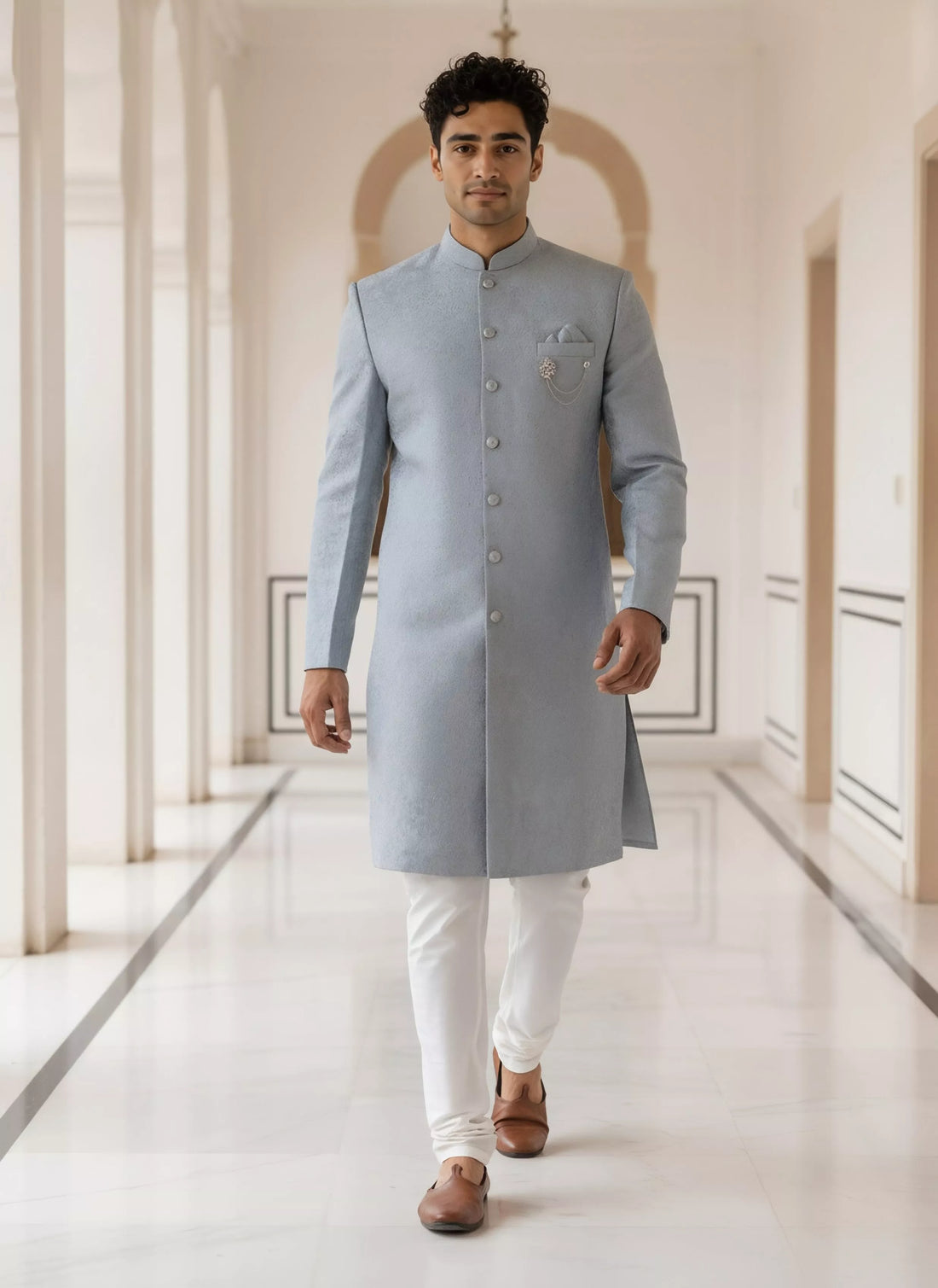 Grey Self Bel Buti Patterned Jacquard Semi Indo