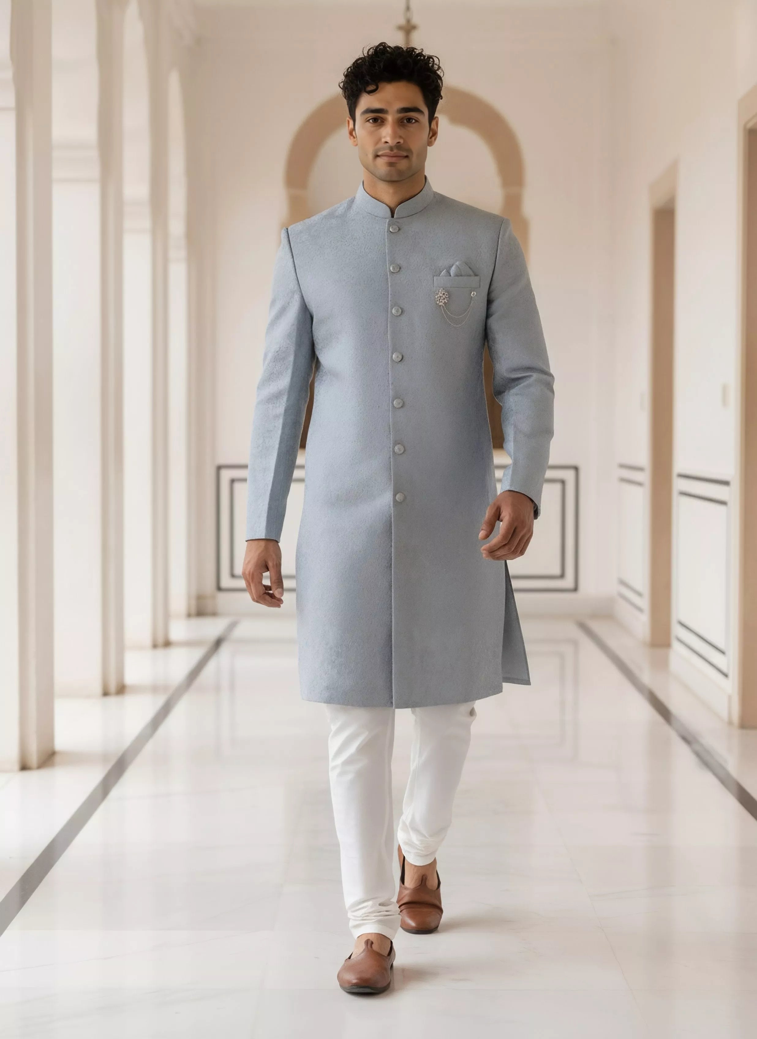 Grey Self Bel Buti Patterned Jacquard Semi Indo