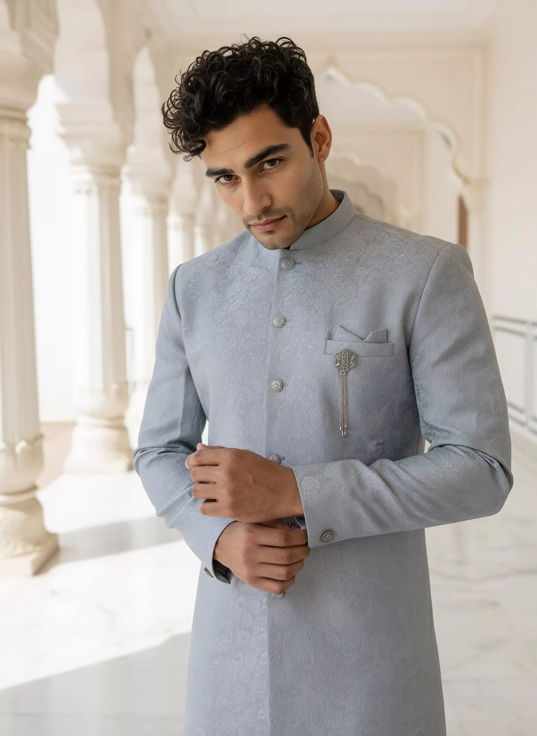 Grey Self Bel Buti Patterned Jacquard Semi Indo