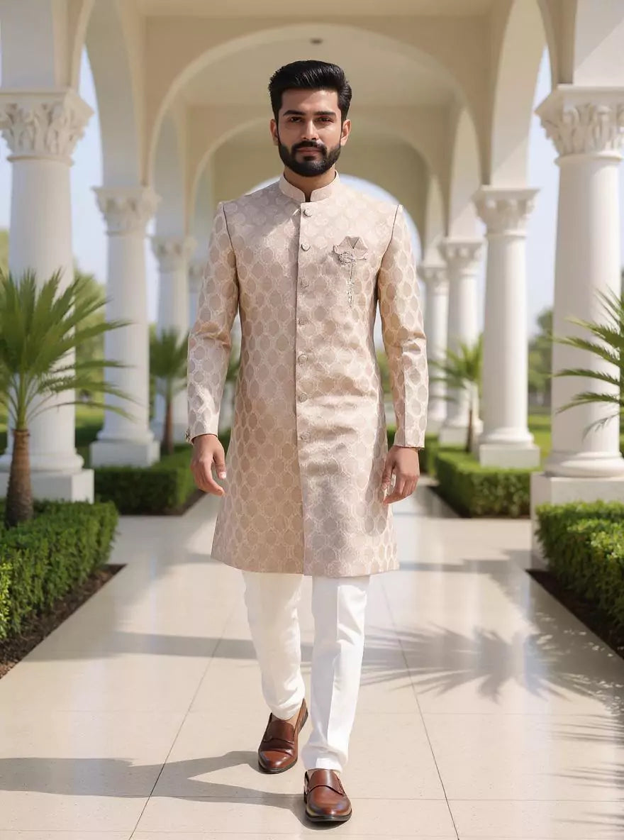 Brown Floral Jacquard Party Wear Semi-Indo