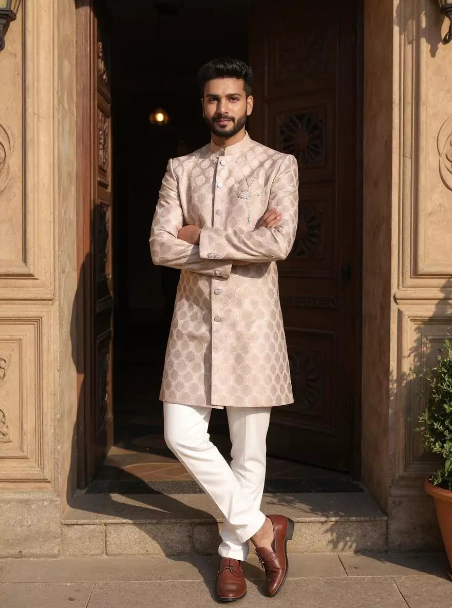Brown Floral Jacquard Party Wear Semi-Indo
