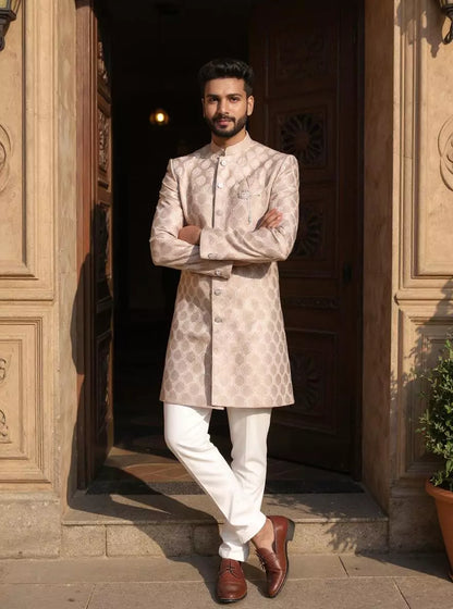 Brown Floral Jacquard Party Wear Semi-Indo