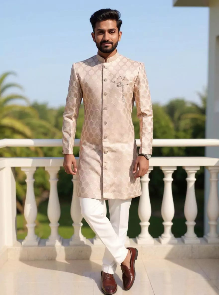Brown Floral Jacquard Party Wear Semi-Indo
